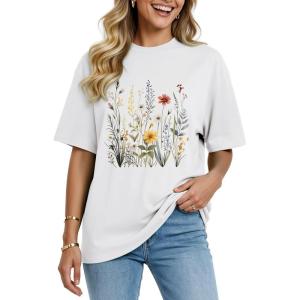 image:imageWomens Oversized T Shirts Graphic Tees Summer Short Sleeve Casual Loose Crewneck Basic Tunic Tops Trendy 2026White Flower1