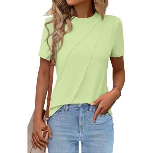 image:imageWomens Short Sleeve Tops Pleated Crewneck Loose Fit T Shirt Business Casual Dressy Work Shirts 2026 Summer BlousesLight Green