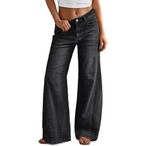 image:imageTrendy Queen Womens High Waisted Wide Leg Barrel Jeans Stretch Baggy Flare Denim PantsBlack