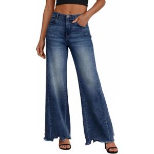 image:imageTrendy Queen Womens Wide Leg Jeans Stretchy High Waisted Straight Leg with Raw Hem Baggy Denim PantsDeep Blue