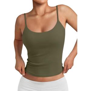image:imageTrendy Queen Double Lined Adjustable Spaghetti Strap Tank Top for Women Cute Summer Basic Crop Top for Teen Workout Going OutArmygreen