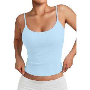 image:imageTrendy Queen Double Lined Adjustable Spaghetti Strap Tank Top for Women Cute Summer Basic Crop Top for Teen Workout Going OutLightblue