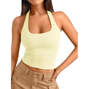 image:imageTrendy Queen Halter Tops for Women 2026 Summer Going Out Tops Backless Crop Sleeveless Workout Shirts Cute Y2k ClothesButter Yellow