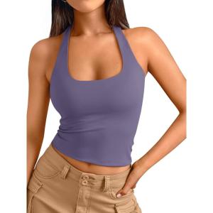 image:imageTrendy Queen Halter Tops for Women 2026 Summer Going Out Tops Backless Crop Sleeveless Workout Shirts Cute Y2k ClothesPurple