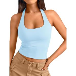 image:imageTrendy Queen Halter Tops for Women 2026 Summer Going Out Tops Backless Crop Sleeveless Workout Shirts Cute Y2k ClothesSky