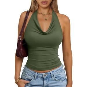 image:imageTrendy Queen Halter Tops for Women Going Out Summer 2026 Fashion Cowl Neck Backless Top Sexy Cute Y2K Basic Vacation ClothesArmygreen