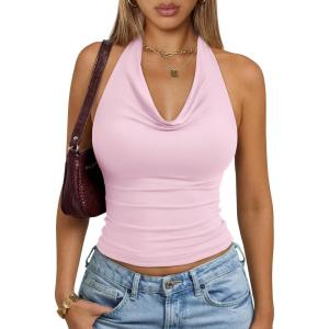 image:imageTrendy Queen Halter Tops for Women Going Out Summer 2026 Fashion Cowl Neck Backless Top Sexy Cute Y2K Basic Vacation ClothesBaby Pink
