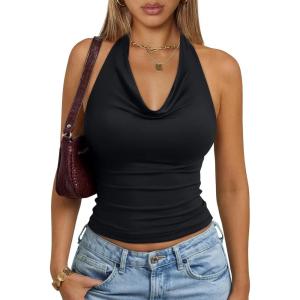 image:imageTrendy Queen Halter Tops for Women Going Out Summer 2026 Fashion Cowl Neck Backless Top Sexy Cute Y2K Basic Vacation ClothesBlack