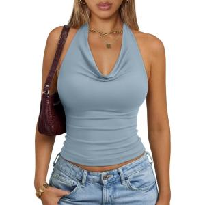 image:imageTrendy Queen Halter Tops for Women Going Out Summer 2026 Fashion Cowl Neck Backless Top Sexy Cute Y2K Basic Vacation ClothesCyan