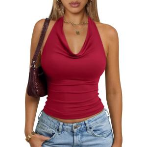 image:imageTrendy Queen Halter Tops for Women Going Out Summer 2026 Fashion Cowl Neck Backless Top Sexy Cute Y2K Basic Vacation ClothesRed