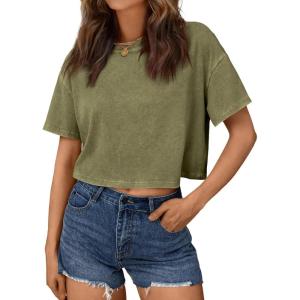 image:imageTrendy Queen Womens Crop Tops Short Sleeve TShirts Acid Wash Casual Summer Clothes Trendy Comfy 2026 Workout Baggy Soft TeesArmygreen