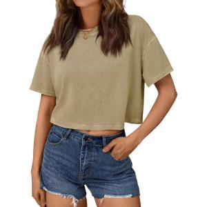 image:imageTrendy Queen Womens Crop Tops Short Sleeve TShirts Acid Wash Casual Summer Clothes Trendy Comfy 2026 Workout Baggy Soft TeesKhaki