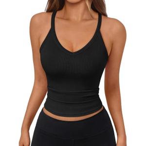 image:imageTrendy Queen Womens Racerback Ribbed Tank Tops Soft Stretch V Neck Workout Casual Tops Summer Sleeveless Crop CamisoleBlack