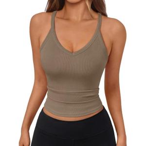 image:imageTrendy Queen Womens Racerback Ribbed Tank Tops Soft Stretch V Neck Workout Casual Tops Summer Sleeveless Crop CamisoleCoffeegrey