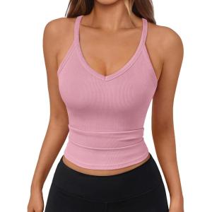 image:imageTrendy Queen Womens Racerback Ribbed Tank Tops Soft Stretch V Neck Workout Casual Tops Summer Sleeveless Crop CamisolePink