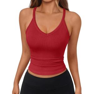 image:imageTrendy Queen Womens Racerback Ribbed Tank Tops Soft Stretch V Neck Workout Casual Tops Summer Sleeveless Crop CamisoleRed