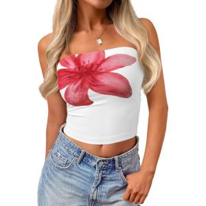 image:imageTrendy Queen Womens Y2K Tube Tops Butter Soft NonSlip Strapless Crop Top Stretchy Bandeau Summer ClothesRed Flower