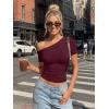 image:imageTrendy Queen Womens One Shoulder Short Sleeve Going Out TShirts 2026 Summer Crop TopsBurgundy
