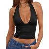 image:imageTrendy Queen Double Lined Halter Top for Women Open Back Backless Deep V Neck Crop Top Summer Teen Going Out Party ClubbingBlack