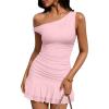 image:imageTrendy Queen Womens Mesh Off The Shoulder Dress Ruched Ruffle Hem Club Party Short DressesPink