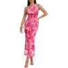 image:imageTrendy Queen Womens One Shoulder Maxi Bodycon Mesh Ruched Floral Beach Cocktail Wedding Guest Dress with Side SlitFloral Pink