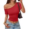 image:imageTrendy Queen Womens One Shoulder Short Sleeve Going Out TShirts 2026 Summer Crop TopsRed