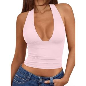 image:imageTrendy Queen Double Lined Halter Top for Women Open Back Backless Deep V Neck Crop Top Summer Teen Going Out Party ClubbingBaby Pink