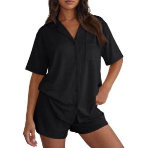 image:imageTrendy Queen Pajamas Set for Women 2 Piece Short Sleeve Sleepwear Button Down Pjs Matching Lounge Sets with PocketsBlack