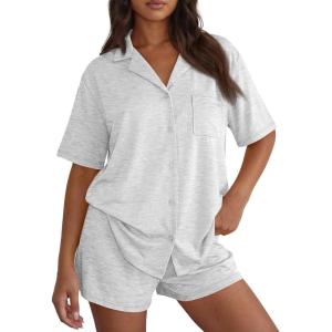 image:imageTrendy Queen Pajamas Set for Women 2 Piece Short Sleeve Sleepwear Button Down Pjs Matching Lounge Sets with PocketsOatmeal Grey