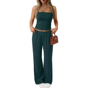 image:imageTrendy Queen Womens 2 Piece Lounge Sets Matching Summer Beach Vacation Outfits 2026 Striped Tube Tops Pants Travel ClothesBluegreen