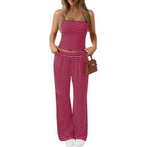 image:imageTrendy Queen Womens 2 Piece Lounge Sets Matching Summer Beach Vacation Outfits 2026 Striped Tube Tops Pants Travel ClothesBurgundypink