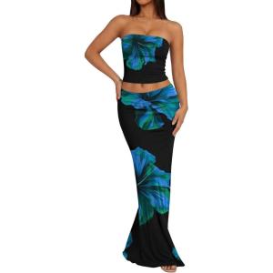 image:imageTrendy Queen Womens 2 Piece Skirt Sets Summer Outfits 2026 Going Out Bodycon Maxi Skirts Tube Tops Y2k Cute Vacation ClothesBlue Black