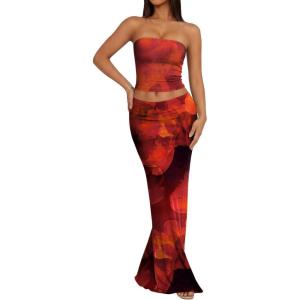 image:imageTrendy Queen Womens 2 Piece Skirt Sets Summer Outfits 2026 Going Out Bodycon Maxi Skirts Tube Tops Y2k Cute Vacation ClothesOrange Black