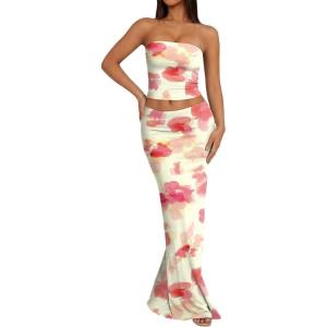 image:imageTrendy Queen Womens 2 Piece Skirt Sets Summer Outfits 2026 Going Out Bodycon Maxi Skirts Tube Tops Y2k Cute Vacation ClothesYellow Pink