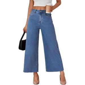 image:imageTrendy Queen Womens High Waisted Wide Leg Jeans Stretchy Barrel Baggy Denim Ankle Cropped Pants Raw HemBlue