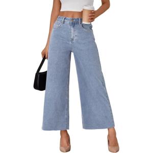 image:imageTrendy Queen Womens High Waisted Wide Leg Jeans Stretchy Barrel Baggy Denim Ankle Cropped Pants Raw HemLight Blue