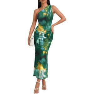 image:imageTrendy Queen Womens One Shoulder Maxi Bodycon Mesh Ruched Floral Beach Cocktail Wedding Guest Dress with Side SlitFloral Green