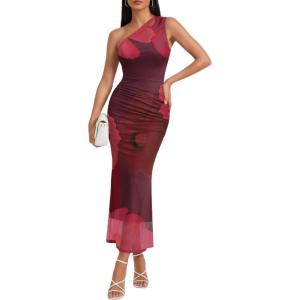 image:imageTrendy Queen Womens One Shoulder Maxi Bodycon Mesh Ruched Floral Beach Cocktail Wedding Guest Dress with Side SlitFloral Red