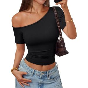 image:imageTrendy Queen Womens One Shoulder Short Sleeve Going Out TShirts 2026 Summer Crop TopsBlack