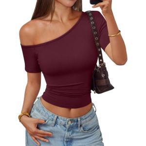 image:imageTrendy Queen Womens One Shoulder Short Sleeve Going Out TShirts 2026 Summer Crop TopsBurgundy