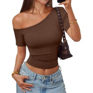 image:imageTrendy Queen Womens One Shoulder Short Sleeve Going Out TShirts 2026 Summer Crop TopsChocolate Brown