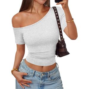 image:imageTrendy Queen Womens One Shoulder Short Sleeve Going Out TShirts 2026 Summer Crop TopsOatmeal Grey