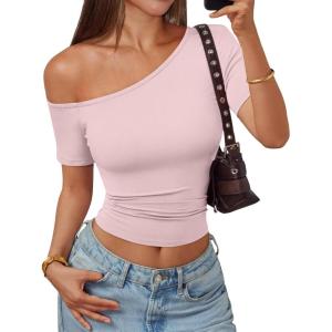image:imageTrendy Queen Womens One Shoulder Short Sleeve Going Out TShirts 2026 Summer Crop TopsPink