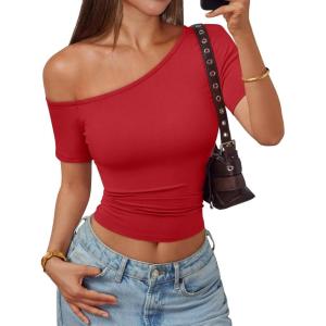 image:imageTrendy Queen Womens One Shoulder Short Sleeve Going Out TShirts 2026 Summer Crop TopsRed
