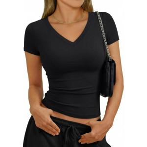 image:imageTrendy Queen Womens Short Sleeve V Neck Crop Shirts Basic Tops Buttery Soft Summer Slim Fit Workout Yoga Y2k Clothes 2026Black