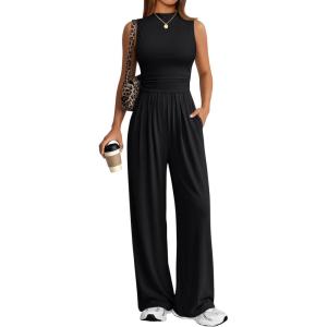 image:imageTrendy Queen Womens Wide Leg Jumpsuit  Sleeveless Mock Neck Palazzo Romper with Pockets Casual Summer OutfitsBlack