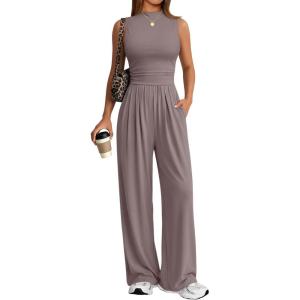 image:imageTrendy Queen Womens Wide Leg Jumpsuit  Sleeveless Mock Neck Palazzo Romper with Pockets Casual Summer OutfitsNutmeg