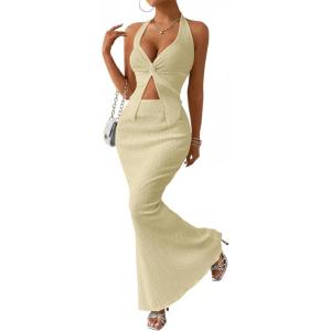 image:imageTrendy Queen Womens 2 Piece Sets Twist Front Halter Cami Tops and Bodycon Maxi Skirt Summer Going Out Vacation OutfitsApricot