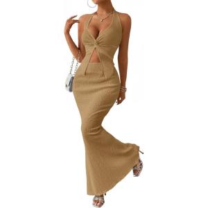 image:imageTrendy Queen Womens 2 Piece Sets Twist Front Halter Cami Tops and Bodycon Maxi Skirt Summer Going Out Vacation OutfitsKhaki