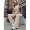 image:imageTrendy Queen Womens 2 Piece Lounge Matching Sets Wide Leg Pants Crew Neck Short Sleeve Shirt SweatsuitsKhaki